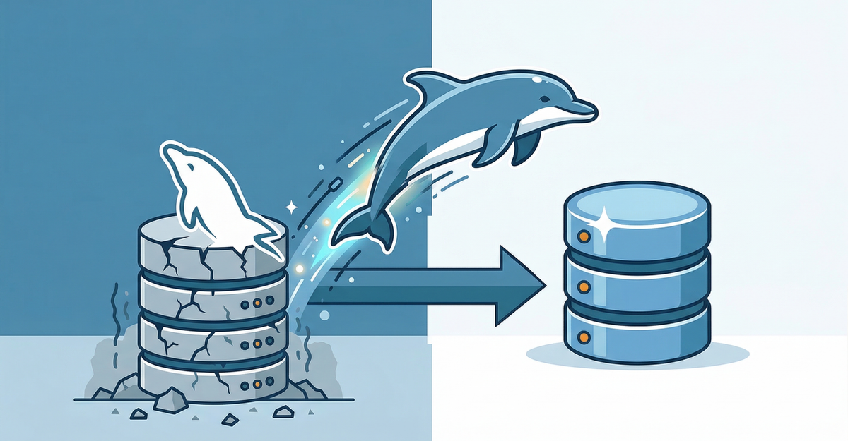 A dolphin jumping from an old crumbling database to a shiny new one.
